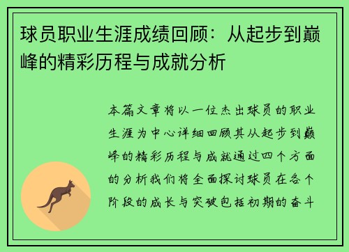 球员职业生涯成绩回顾：从起步到巅峰的精彩历程与成就分析